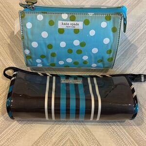 Kate Spade Blue and Green Polka Dot & Brown Striped Cosmetic Bags Set of Two